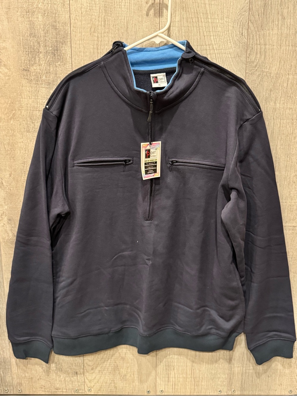 Port Fashions Unisex XL Blue Cotton Sweater for Medical Ports & Chemo Cancer